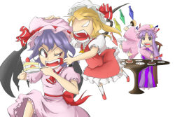 Rule 34 | 3girls, ascot, back bow, bat wings, bow, cake, collared shirt, crescent, crescent hat ornament, crystal, dress, fangs, flandre scarlet, food, fork, frilled shirt collar, frilled skirt, frilled sleeves, frills, fruit, full body, hat, hat ornament, hat ribbon, holding, holding fork, holding plate, lip pull, long hair, long sleeves, mob cap, multicolored wings, multiple girls, open mouth, patchouli knowledge, pink dress, pink headwear, pink shirt, pink skirt, plate, pudding, puffy short sleeves, puffy sleeves, purple dress, purple hair, red bow, red footwear, red ribbon, red skirt, red vest, remilia scarlet, ribbon, santa (kaisou hikuutei), shirt, short sleeves, siblings, simple background, sisters, skirt, socks, strawberry, strawberry cake, striped clothes, striped dress, table, teeth, touhou, v-shaped eyebrows, vertical-striped clothes, vertical-striped dress, very long hair, vest, white background, white headwear, white shirt, white socks, wings, wooden chair, wooden table, yellow ascot