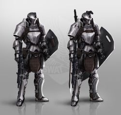 Rule 34 | 1boy, armor, assault rifle, binoculars, full armor, full body, gradient background, grey background, gun, handgun, highres, holster, holstered, johnson ting, knight, male focus, multiple views, original, pistol, plate armor, pouch, realistic, reflection, reflective floor, rifle, standing, tagme, weapon