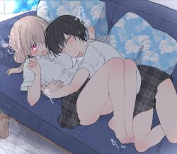 Rule 34 | 2girls, artist name, barefoot, black hair, blonde hair, blush, breasts, closed eyes, collared shirt, commentary request, couch, feet, highres, hug, indoors, lying, medium breasts, multiple girls, open mouth, original, pillow, plaid, plaid skirt, rinlaby, school uniform, shirt, short hair, short sleeves, skirt, speech bubble, thighs, thought bubble, tomboy, white shirt, yuri