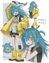 Rule 34 | 1girl, animal bag, apron, arm up, belt, blue eyes, blue hair, blue tongue, boots, colored tongue, commentary, dress, fangs, frost fog, full body, gloves, hair ornament, hairclip, hammer, highres, holding, holding hammer, jacket, long hair, long sleeves, looking at viewer, multiple views, o-ring, open mouth, original, rabbit bag, short sleeves, sleeves past wrists, smile, socks, sweater, sweater dress, symbol-only commentary, thigh strap, turtleneck, two side up, very long hair