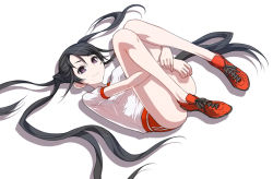 Rule 34 | 1girl, black hair, full body, gym uniform, hugging own legs, kazuoki, legs, light smile, lying, no socks, on back, original, purple eyes, shadow, shoes, simple background, sneakers, solo, twintails, white background