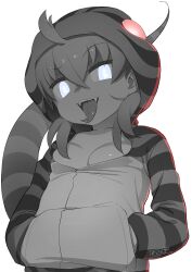 Rule 34 | 1girl, absurdres, blue eyes, breasts, fangs, forked tongue, hair between eyes, highres, hood, hoodie, kemono friends, kemono friends 3, long sleeves, looking at viewer, masuyama ryou, open clothes, open hoodie, open mouth, short hair, small breasts, smile, snake print, snake tail, solo, striped clothes, striped hoodie, striped tail, tail, tongue, tsuchinoko (kemono friends)