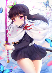 Rule 34 | 1girl, absurdres, animal, black hair, black jacket, black skirt, bug, butterfly, butterfly hair ornament, cloak, commentary request, hair ornament, highres, holding, holding sheath, holding sword, holding weapon, insect, jacket, katana, kimetsu no yaiba, long hair, long sleeves, looking at viewer, parted lips, petals, pleated skirt, purple eyes, sheath, side ponytail, skirt, solo, sword, taitai, tsuyuri kanao, v-shaped eyebrows, water, weapon, white cloak