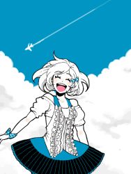 Rule 34 | 1girl, aircraft, airplane, bare shoulders, blush, bow, contrail, closed eyes, freckles, frills, happy, koyuko (uco), original, polka dot, short hair, short sleeves, skirt, sky, smile, solo, ucocco