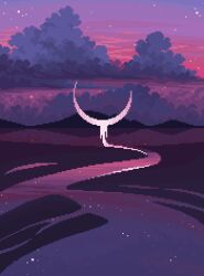 Rule 34 | blue clouds, cloud, commentary, crescent moon, dripping, horizon, jubilee (8pxl), landscape, melting, moon, mountainous horizon, no humans, original, outdoors, pixel art, purple clouds, purple theme, reflection, reflective water, scenery, sky, star (sky), starry sky, surreal, twilight, water