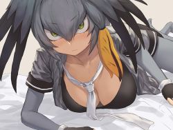 Rule 34 | 1girl, bird tail, bird wings, black hair, blonde hair, blush, collarbone, commentary, elbow gloves, fingerless gloves, gloves, green eyes, grey hair, guchico, hair tie, head wings, kemono friends, loose necktie, multicolored hair, necktie, no shoes, on bed, pantyhose, shoebill (kemono friends), short hair, short sleeves, shorts, solo, tail, unfinished, uniform, wings