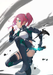 Rule 34 | 1girl, alice gear aegis, black footwear, black gloves, blue eyes, boots, breasts, dagger, gloves, hair behind ear, highres, holding, holding dagger, holding knife, holding weapon, kaeruzaka raiya, karappo (keith8387), knife, light smile, looking at viewer, on one knee, pink hair, sheath, side ponytail, small breasts, solo, thigh boots, thighhighs, unsheathing, weapon, white background