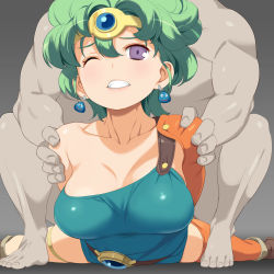 Rule 34 | 1girl, asymmetrical clothes, bent over, blush, breasts, chunsoft, circlet, cleavage, clothed female nude male, clothed sex, collarbone, curly hair, dark skin, dark-skinned male, doggystyle, dragon quest, dragon quest iv, earrings, enix, forced, green hair, heroine (dq4), highres, interracial, jewelry, large breasts, leotard, nora higuma, nude, purple eyes, sex, sex from behind, short hair, single thighhigh, solo focus, thighhighs, vaginal