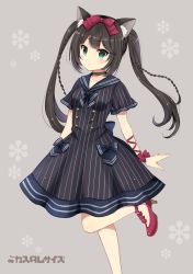 Rule 34 | 1girl, animal ears, black choker, black dress, black hair, blue bow, blush, bow, braid, breasts, cat ears, choker, collarbone, commentary request, dress, green eyes, hair bow, high heels, long hair, looking at viewer, original, parted lips, pocket, purple bow, purple footwear, sailor dress, sakurai makoto (custom size), shoes, short sleeves, sidelocks, small breasts, solo, standing, standing on one leg, striped clothes, striped dress, twin braids, twintails, v-shaped eyebrows, vertical-striped clothes, vertical-striped dress, very long hair