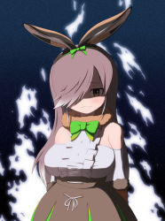 Rule 34 | 1girl, animal ears, bare shoulders, blush, bow, bowtie, breasts, brown hair, closed mouth, european hare (kemono friends), eyebrows, fire, hair ornament, hair over one eye, kemono friends, large breasts, long hair, looking at viewer, rabbit ears, red eyes, rest in muni, ribbon, shaded face, simple background, skirt, smile, solo