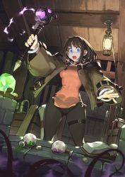 Rule 34 | 1girl, blue eyes, book, brown hair, commentary, cork, crystal, door, flask, glowing, headband, highres, holding, holding wand, indoors, jacket, jun (navigavi), lamp, liquid, medium hair, open mouth, original, pants, scroll, sidelocks, smoke, solo, spill, thigh strap, tight clothes, tight pants, treasure chest, wand