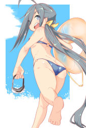 Rule 34 | 10s, 1girl, absurdres, ass, bikini, butt crack, cloud, grey eyes, grey hair, highres, innertube, kantai collection, kiyoshimo (kancolle), long hair, low twintails, simple background, sky, solo, standing, swim ring, swimsuit, twintails, utsusumi kio, very long hair