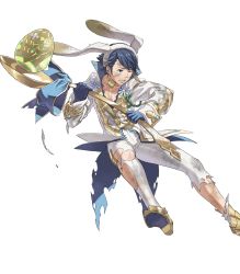 Rule 34 | 1boy, alfonse (fire emblem), alternate costume, animal ears, blue eyes, blue gloves, blue hair, collarbone, cracked egg, cracked shell, dirty, dirty clothes, dirty face, fake animal ears, fire emblem, fire emblem heroes, flower, full body, gloves, hairband, highres, holding, kozaki yuusuke, male focus, multicolored hair, nintendo, official alternate costume, one eye closed, parted lips, pectorals, rabbit ears, sweatdrop, torn clothes, transparent background