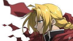 Rule 34 | 1boy, ahoge, blonde hair, blurry, blurry foreground, braid, closed mouth, edward elric, fullmetal alchemist, highres, long hair, male focus, profile, signature, simple background, solo, torn, torn clothes, upper body, white background, wind, yasu (pixiv), yellow eyes