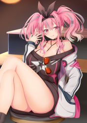 Rule 34 | 1girl, :q, azur lane, bar (place), bare shoulders, between breasts, black choker, black ribbon, black socks, black sweater, blush, bra strap, breasts, bremerton (azur lane), bremerton (day-off date) (azur lane), choker, cleavage, collarbone, commentary request, cover, cover page, crossed legs, dress, ear piercing, eyewear hang, unworn eyewear, grey hair, hair between eyes, hair intakes, hair ornament, hair ribbon, hand in pocket, hand up, highres, jacket, large breasts, legs up, long hair, long sleeves, looking at viewer, mole, mole on breast, mole under eye, multicolored hair, multicolored nails, nail polish, nao (naobinarydigit), off-shoulder dress, off-shoulder sweater, off shoulder, official alternate costume, open clothes, piercing, pink eyes, pink hair, red-tinted eyewear, ribbon, sidelocks, sitting, smile, socks, solo, star (symbol), star print, stool, strap between breasts, streaked hair, sunglasses, sweater, sweater dress, tinted eyewear, tongue, tongue out, twintails, two-tone hair, white jacket