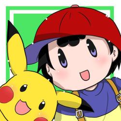 Rule 34 | 1boy, black hair, creatures (company), crossover, game freak, gen 1 pokemon, hat, mother (game), ness (mother 2), nintendo, pikachu, pokemon, pokemon (creature), short hair, super smash bros.