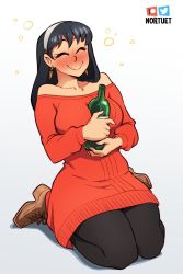 Rule 34 | 1girl, alcohol, bare shoulders, black hair, blush, boots, bottle, breasts, closed eyes, dress, drunk, earrings, hair ornament, hairband, highres, holding, jewelry, kneeling, large breasts, long hair, nortuet, pantyhose, red sweater, sitting, smile, solo, spy x family, squeans, sweater, sweater dress, yor briar