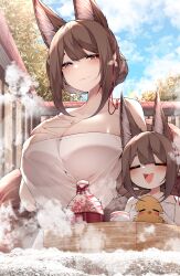 Rule 34 | 1other, 2girls, = =, age difference, aged down, amagi-chan (azur lane), amagi (azur lane), animal ear fluff, animal ears, azur lane, bare shoulders, bathing, blue sky, blush, breasts, brown hair, brown tail, bucket, choko (cup), cleavage, cloud, cloudy sky, commentary, covering privates, cup, dated commentary, dual persona, flower, fox ears, hair bun, hair flower, hair ornament, hands on own breasts, highres, kitsune, kyuubi, large breasts, looking at another, manjuu (azur lane), multiple girls, multiple tails, naked towel, nude cover, onsen, open mouth, partially submerged, purple eyes, samip, sidelocks, single hair bun, sky, smile, tail, teeth, tokkuri, towel, tree, upper teeth only, wall, water, white towel, wooden bucket