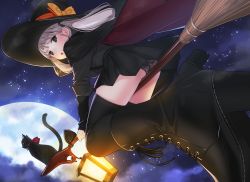 Rule 34 | 1girl, ama mitsuki, animal, ass, black cat, black eyes, black footwear, black hat, black panties, black shirt, black skirt, black thighhighs, boots, bow, broom, broom riding, cat, cross-laced footwear, flying, foreshortening, green hair, hat, hat bow, lamp, looking at viewer, moon, night, night sky, open mouth, original, panties, pantyshot, polka dot, polka dot panties, shirt, skirt, sky, star (symbol), thighhighs, twintails, underwear, witch, witch hat