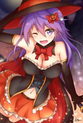 Rule 34 | 1girl, anemone (flower knight girl), bare shoulders, blue eyes, blush, breasts, cleavage, flower knight girl, hair ornament, hairclip, halloween, hat, kimukimu, large breasts, long hair, looking at viewer, navel, one eye closed, open mouth, purple eyes, purple hair, smile, solo, witch, witch hat