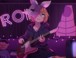 Rule 34 | 1girl, aryuma772, blonde hair, blue eyes, blue hoodie, bow, christmas lights, curtains, doll, electric guitar, fender telecaster, grin, guitar, hair bow, highres, holding, holding instrument, hood, hoodie, indoors, instrument, kagamine rin, looking at viewer, music, neon lights, one eye covered, paper on head, playing instrument, roki (vocaloid), short hair, smile, target, television, upper body, vocaloid, white bow