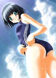 Rule 34 | 1girl, adjusting, adjusting clothes, adjusting swimsuit, amakawa akito, aqua eyes, black hair, blush, cloud, day, double vertical stripe, from below, looking at viewer, looking down, one-piece swimsuit, one-piece tan, school swimsuit, short hair, sky, solo, swimsuit, tan, tanline