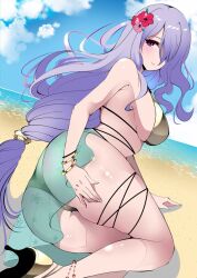 Rule 34 | 1girl, alternate costume, anklet, ass, bare legs, beach, bikini, blue sky, bracelet, breasts, camilla (fire emblem), fe135700, feet out of frame, fire emblem, fire emblem fates, flower, green sarong, hair flower, hair ornament, hair over one eye, high heels, highres, jewelry, large breasts, long hair, looking at viewer, looking back, low-tied long hair, nintendo, ocean, purple eyes, purple hair, red flower, sand, sarong, sideboob, sky, smile, solo, swimsuit, thigh strap, thighs, very long hair