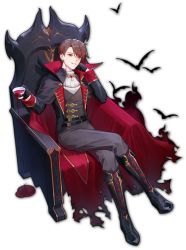 Rule 34 | 1boy, bat (animal), boots, brown hair, cape, earrings, fang, full body, gloves, halloween, halloween costume, head rest, highres, jewelry, long sleeves, mahjong soul, male focus, official art, red eyes, shinomiya natsuki (mahjong soul), short hair, simple background, sitting, solo, tachi-e, throne, torn clothes, transparent background, vampire, yostar