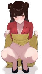 Rule 34 | 1girl, absurdres, black hair, black survival, blunt bangs, blush, breasts, brown eyes, censored, cleavage, clothes lift, double bun, hair bun, hiepita97, highres, li dailin, lifted by self, long hair, medium breasts, mosaic censoring, navel, peeing, pussy, skirt, skirt lift, small breasts, solo, squatting, sweatdrop