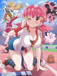 3girls :d absurdres all_fours bandaid bandaid_on_head blush breasts brown_eyes brown_hair cleavage clefairy closed_mouth cloud commentary_request creatures_(company) day diglett eyelashes fallen_down game_freak gen_1_pokemon gen_2_pokemon hair_ornament hairclip headbutt highres hurdle jacket jasmine_(pokemon) large_breasts long_hair lyra_(pokemon) miltank motion_lines multiple_girls nintendo one_eye_closed open_mouth outdoors outstretched_arm pink_eyes pink_hair pokemoa pokemon pokemon_(creature) pokemon_hgss running_track shoes shorts sky smile socks striped_clothes striped_socks tearing_up twintails white_jacket whitney_(pokemon)