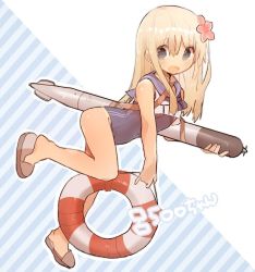 Rule 34 | 1girl, alternate eye color, blonde hair, blush, crop top, flower, full body, grey eyes, hair flower, hair ornament, kantai collection, lifebuoy, long hair, looking at viewer, nontraditional school swimsuit, one-piece swimsuit, one-piece tan, open mouth, picohebi, ro-500 (kancolle), sailor collar, school swimsuit, school uniform, serafuku, simple background, smile, solo, swim ring, swimsuit, swimsuit under clothes, tan, tanline, torpedo