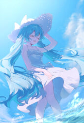 Rule 34 | 1girl, aqua hair, bare shoulders, blue sky, blue theme, breasts, closed eyes, cloud, cloudy sky, collarbone, commentary request, dated, day, dress, feet out of frame, hand on headwear, happy, hat, hatsune miku, highres, light blush, long hair, ocean, omeletmaki, open mouth, outdoors, signature, sky, small breasts, smile, solo, spaghetti strap, sun hat, sundress, sunlight, twintails, very long hair, vocaloid, water, white dress, white hat