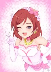 Rule 34 | 1girl, armpits, bare shoulders, birthday, elbow gloves, gloves, hat, looking at viewer, love live!, medium hair, nishikino maki, one eye closed, open mouth, purple eyes, red hair, smile, solo, the-prinprince