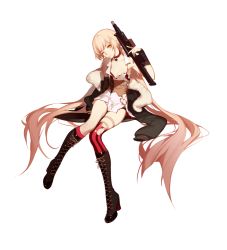 Rule 34 | 1girl, assault rifle, blonde hair, boots, bra, breasts, brown footwear, bullpup, collar, cross-laced footwear, girls&#039; frontline, gun, holding, holding gun, holding weapon, long hair, one eye closed, ots-14 (girls&#039; frontline), ots-14 groza, personification, pleated skirt, red thighhighs, rifle, single thighhigh, skirt, solo, striped clothes, striped thighhighs, thighhighs, thighs, torn clothes, torn thighhighs, underwear, weapon, yellow eyes