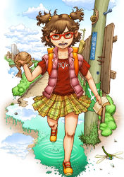 Rule 34 | 1girl, bag, bookbag, brown eyes, bug, cloud, day, dragonfly, glasses, hair bobbles, hair ornament, highres, bug, original, puddle, reflection, shoes, short hair, short twintails, skirt, snail, tenji sanmon, toad (animal), translation request, twintails, utility pole