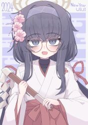 Rule 34 | 1girl, 2024, alternate costume, bags under eyes, black eyes, black hair, blue archive, blue background, blue hairband, blush, commentary, english commentary, flower, glasses, hair flower, hair ornament, hairband, halo, highres, japanese clothes, long hair, long sleeves, looking at viewer, miko, open mouth, round eyewear, solo, tkugane, ui (blue archive), upper body, yellow halo