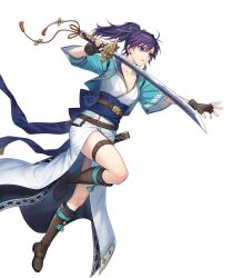 Rule 34 | 1girl, boots, fingerless gloves, fir (fire emblem), fire emblem, fire emblem: the binding blade, fire emblem heroes, full body, gloves, highres, japanese clothes, kiyu (zuyu), knee boots, long hair, nintendo, non-web source, obi, official art, ponytail, purple eyes, purple hair, sash, short sleeves, solo, sword, thigh strap, transparent background, weapon