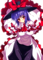 Rule 34 | 1girl, ascot, bad id, bad pixiv id, blue hair, breasts, capelet, female focus, frills, hat, hat ribbon, head tilt, impossible clothes, impossible shirt, large breasts, long hair, looking at viewer, nagae iku, red eyes, ribbon, shawl, shirt, simple background, skirt, smile, solo, sousakubito, taut clothes, taut shirt, touhou, white background