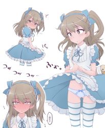 Rule 34 | 1girl, alice (alice in wonderland), alice (alice in wonderland) (cosplay), alice in wonderland, apron, bag, blue dress, blue panties, blue ribbon, blush, boko (girls und panzer), bow, bow panties, brown eyes, closed mouth, clothes lift, collared dress, commentary request, commission, cosplay, cropped legs, dress, dress lift, dress tug, frilled dress, frills, frown, full-face blush, girls und panzer, hair ribbon, half-closed eyes, handbag, hazuki haru, highres, light brown hair, long hair, looking at viewer, looking back, maid apron, multiple views, navel, neck ribbon, official alternate costume, one side up, panties, pantyshot, parted lips, partial commentary, puffy short sleeves, puffy sleeves, ribbon, shimada arisu, short sleeves, simple background, skeb commission, standing, striped clothes, striped thighhighs, stuffed animal, stuffed toy, teddy bear, thighhighs, translated, trembling, underwear, white apron, white background, white thighhighs, wind, wind lift