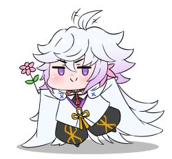 Rule 34 | +++, 1boy, ahoge, ahoge wag, blush, chibi, closed mouth, commentary request, expressive hair, fate/grand order, fate (series), flower, gradient hair, hair between eyes, highres, holding, holding flower, jitome, long hair, looking at viewer, male focus, merlin (fate/stay night), multicolored hair, neck ribbon, pink flower, purple eyes, red ribbon, rei (rei rr), ribbon, smile, solo, standing, standing on one leg, tassel, very long hair