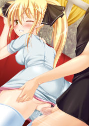 Rule 34 | 1boy, 1girl, bent over, blonde hair, blush, breasts, censored, clenched teeth, dream c club, dream c club (series), hetero, highres, large breasts, mian (dream c club), mosaic censoring, penis, pussy, sex, teeth, thighhighs, vaginal, wink, yellow eyes, zettai ryouiki