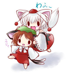Rule 34 | 2girls, animal ears, blush, brown hair, cat ears, cat girl, cat tail, chen, detached sleeves, female focus, hat, highres, inubashiri momiji, multiple girls, multiple tails, open mouth, short hair, simple background, smile, solid circle eyes, tail, tokin hat, touhou, white background, white hair, wolf ears, wolf tail, yume shokunin