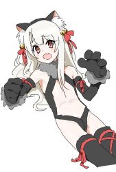 Rule 34 | 1girl, animal ears, animal hands, azmira1534815, bell, black thighhighs, blush, cat ears, cat paws, fate/kaleid liner prisma illya, fate (series), flat chest, fur collar, gloves, hair bell, hair ornament, illyasviel von einzbern, illyasviel von einzbern (beast style), long hair, looking at viewer, navel, open mouth, paw gloves, red eyes, revealing clothes, sketch, solo, thighhighs, white hair