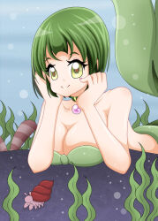 Rule 34 | 1girl, breasts, choker, cleavage, green hair, jewelry, large breasts, mermaid, monster girl, necklace, original, smile, solo, wah-ngt, yellow eyes