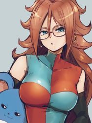 Rule 34 | 1girl, android 21, blue background, blue eyes, breasts, checkered clothes, checkered dress, creatures (company), crossover, dragon ball, dragon ball fighterz, dress, earrings, game freak, gen 2 pokemon, glasses, gold earrings, hair between eyes, hoop earrings, jewelry, kemachiku, long hair, looking at viewer, marill, medium breasts, nintendo, pokemon, pokemon (creature), red hair, simple background, upper body