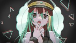 Rule 34 | 1girl, alina gray, black hat, black necktie, black vest, brooch, collar, cross tie, detached collar, fur cuffs, gem, green gemstone, green hair, hair between eyes, hat, highres, jewelry, lapels, looking at viewer, magia record: mahou shoujo madoka magica gaiden, magical girl, mahou shoujo madoka magica, momo tomato, multicolored hair, necktie, notched lapels, open mouth, peaked cap, puffy short sleeves, puffy sleeves, see-through, see-through sleeves, short sleeves, sleeve cuffs, solo, straight hair, streaked hair, tongue, tongue out, v-neck, vest, white collar, white sleeves