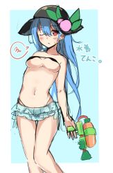 Rule 34 | 1girl, bandeau, bikini, blue background, blue hair, blush, breasts, colorized, emushake, food, fruit, hat, highres, hinanawi tenshi, image sample, long hair, looking at viewer, navel, one eye closed, panties, peach, red eyes, simple background, sketch, solo, speech bubble, super soaker, sweatdrop, swimsuit, text focus, thigh gap, touhou, underboob, underwear