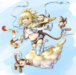 Rule 34 | 10s, 1girl, :3, alternate costume, andira (granblue fantasy), animal ears, barefoot, blonde hair, breasts, cloud, contemporary, crop top, cropped jacket, denim, denim shorts, erune, flying nimbus, granblue fantasy, hair between eyes, hair ornament, hairband, highres, looking at viewer, midriff, monkey, monkey ears, monkey tail, navel, open mouth, red eyes, rojii (oshiri-mentaiko), short hair, shorts, small breasts, staff, striped clothes, striped thighhighs, tail, thighhighs