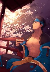 Rule 34 | 1boy, bare pectorals, black hair, blue hairband, brown eyes, candle, cherry blossoms, collarbone, eyebrows, glasses, guilty gear, guilty gear strive, hairband, headband, highres, japanese clothes, large pectorals, looking to the side, mito anji, muscular, muscular male, pectorals, petals, short hair, yu (8dgc4mfc)