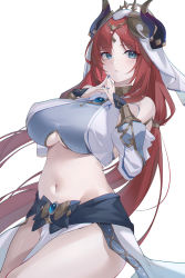 Rule 34 | 1girl, alternate breast size, arm guards, bare shoulders, blue eyes, blue gemstone, breasts, crop top, detached sleeves, forehead jewel, gem, genshin impact, hands up, harem outfit, highres, horns, kaneko (bblogtinhan), large breasts, long hair, long sleeves, navel, nilou (genshin impact), own hands together, parted bangs, parted lips, puffy long sleeves, puffy sleeves, red hair, simple background, skirt, solo, stomach, thighs, veil, very long hair, vision (genshin impact), white background